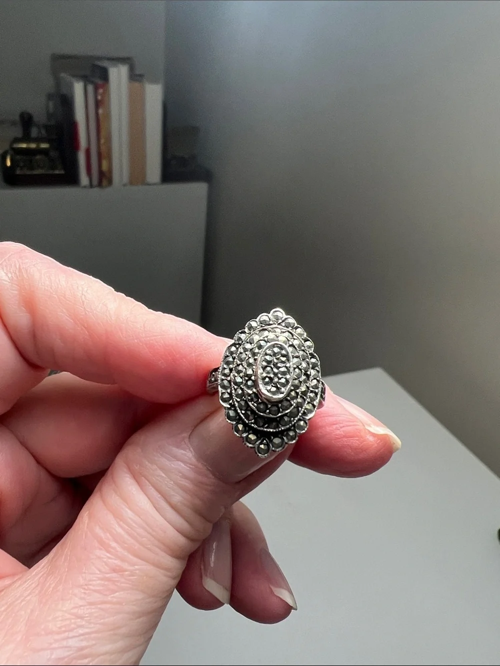 Unique Silver- Tone Black Marcasite Stones in an Oval Cluster Ring Vintage